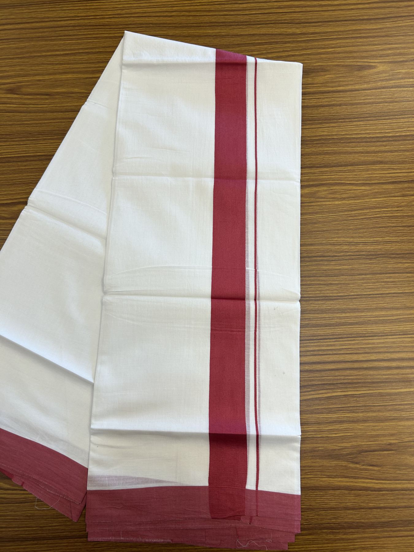 20% Discount ! KaithariKada Balaramapuram 100% Cotton Double Pure white Mundu/Dhoti- 100x80 - 1.5 inch Magenta Red Kara - 3.80mtr ( 8 muzham) - 35 KK5312 PMC