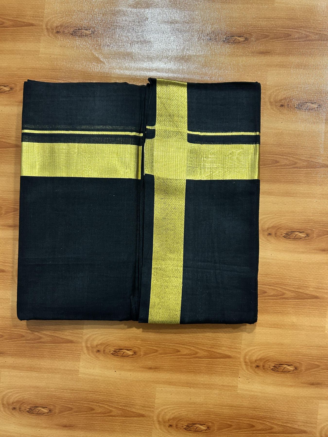 Double (Unbleached) Mundu/Dhoti - 20% Discount !! KaithariKada 100% Pure Cotton - 100x80 - Black Colour Body - 1.5 inch Gold Kasav Kara 4 mtr (8.5 muzham) - 57 KK5456 THI