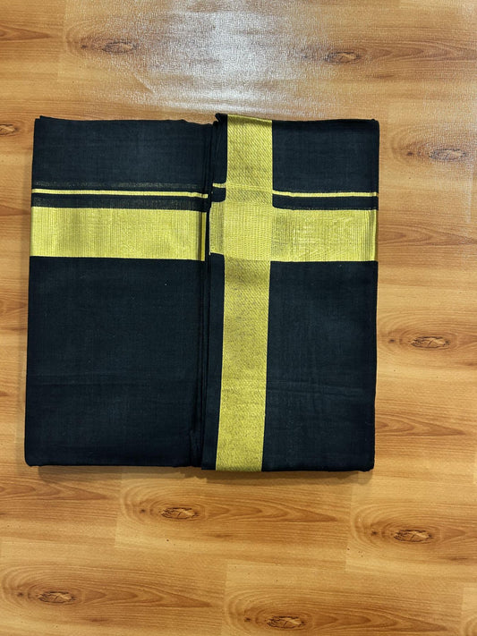 Double (Unbleached) Mundu/Dhoti - 20% Discount !! KaithariKada 100% Pure Cotton - 100x80 - Black Colour Body - 1.5 inch Gold Kasav Kara 4 mtr (8.5 muzham) - 57 KK5456 THI