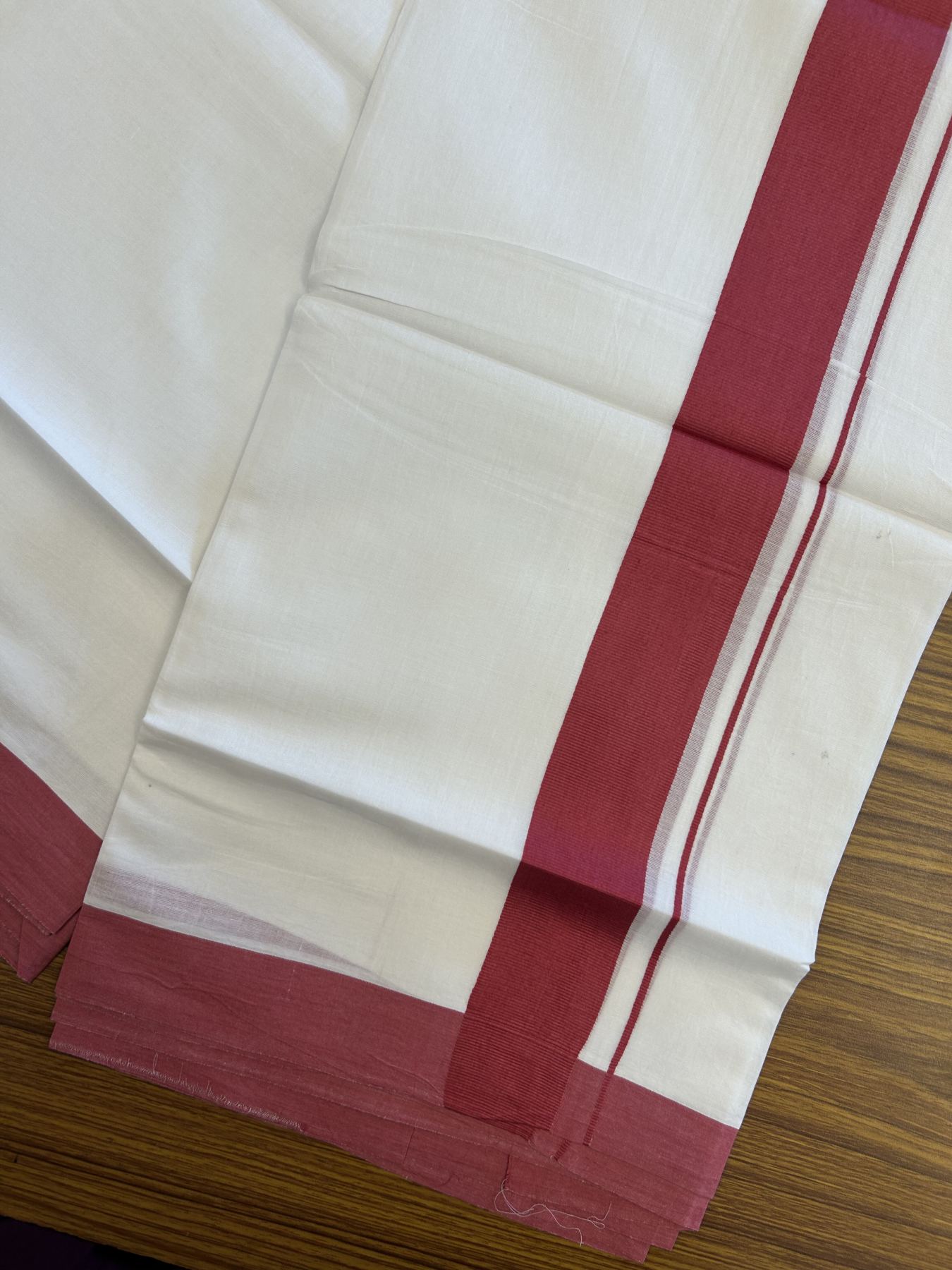 20% Discount ! KaithariKada Balaramapuram 100% Cotton Double Pure white Mundu/Dhoti- 100x80 - 1.5 inch Magenta Red Kara - 3.80mtr ( 8 muzham) - 35 KK5312 PMC