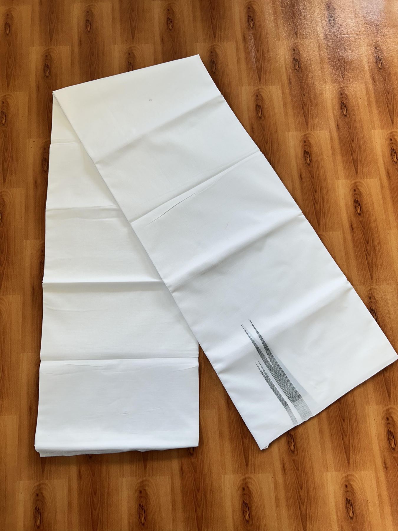 Double Pure White Mundu/Dhoti - 20% Discount !! KaithariKada Balaramapuram 100% Cotton - 100x80 - 2.5 cm Dark Green Stripes Double Chutty Kara 3.80 mtr (8 muzham) - 13 KK5411 CKS