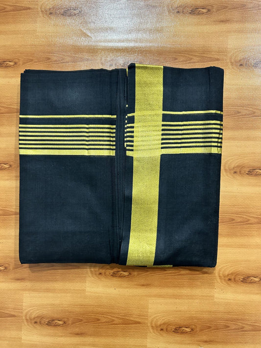 Double (Unbleached) Mundu/Dhoti - 20% Discount !! KaithariKada 100% Pure Cotton  - 100x80 - Black Colour Body - 1.5 inch Gold Kasav Striped Kara 4 mtr (8.5 muzham) - 53 KK5456 THI