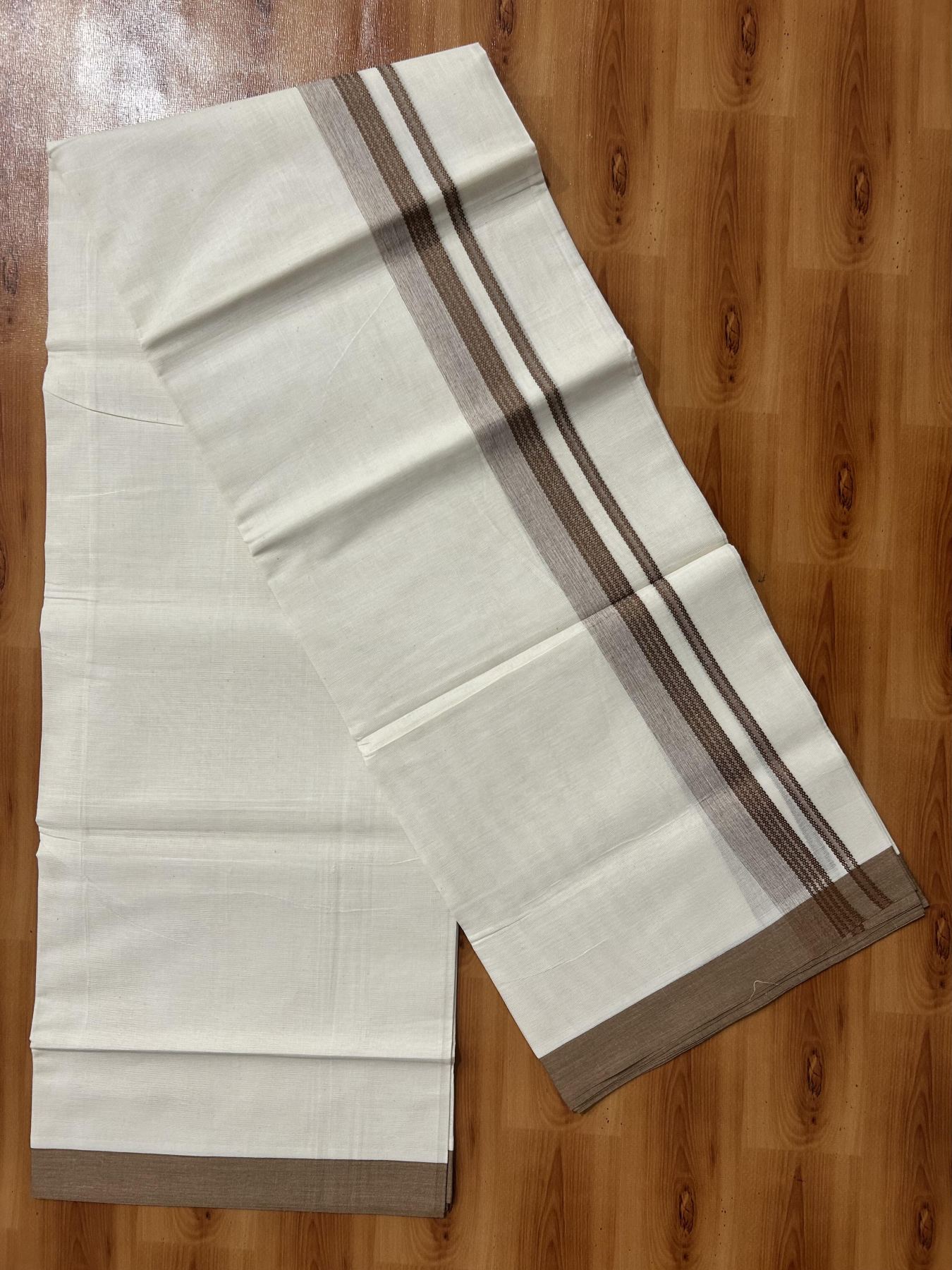 Double Off White (Unbleached) Mundu/Dhoti - 20% Discount! KaithariKada Pure Cotton - 60s - 1.5 inch Walnut Brown Shaded Striped Kara 4 mtr (8.5 Muzham) - 87 KK5460 PMC