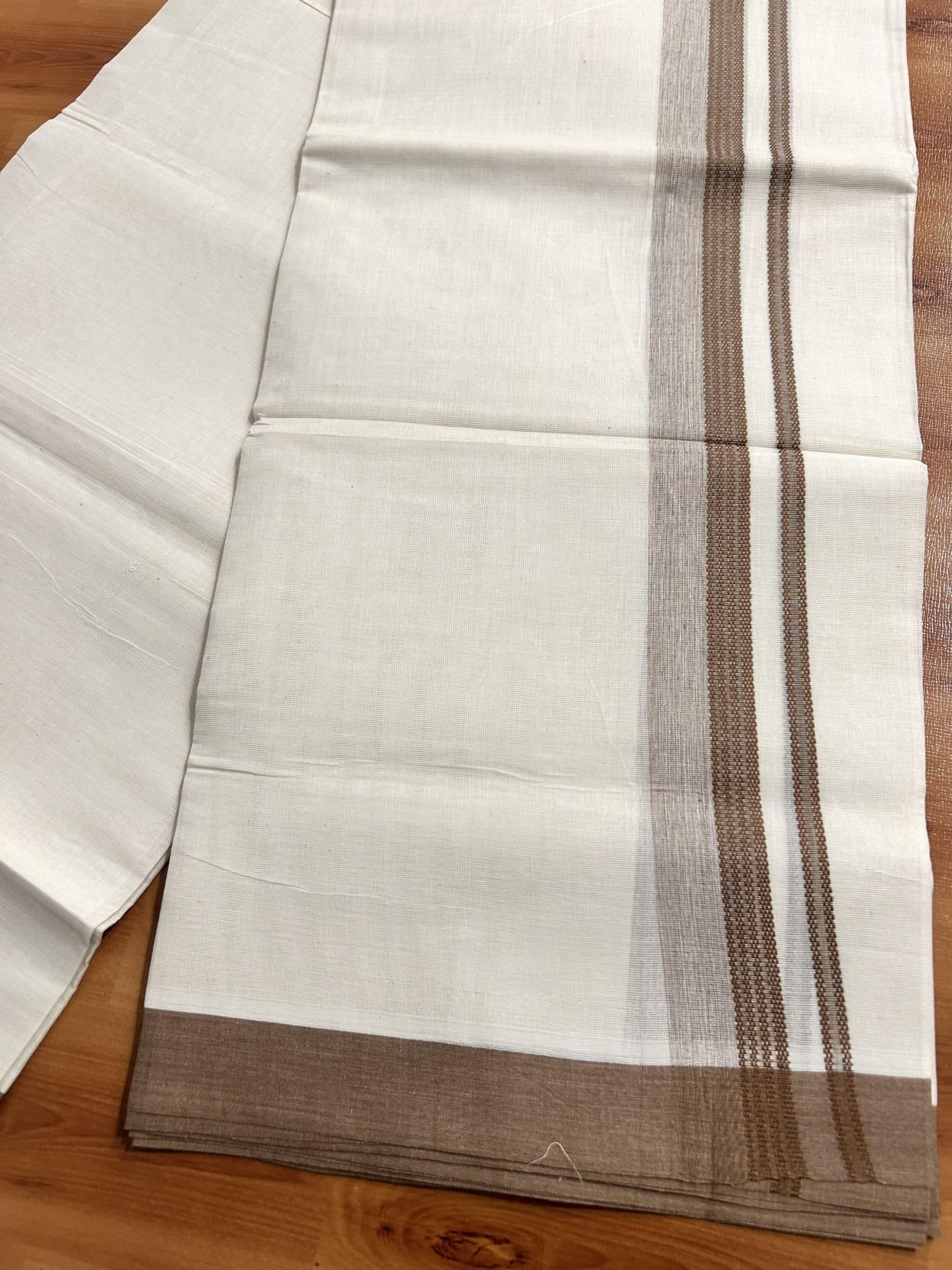 Double Off White (Unbleached) Mundu/Dhoti - 20% Discount! KaithariKada Pure Cotton - 60s - 1.5 inch Walnut Brown Shaded Striped Kara 4 mtr (8.5 Muzham) - 87 KK5460 PMC