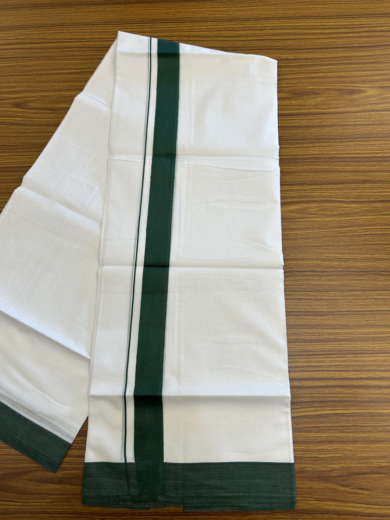 20% Discount ! KaithariKada Balaramapuram 100% Cotton Double Pure white Mundu/Dhoti- 100x80 - 1.5 inch Green Kara - 3.80mtr ( 8 muzham) - 32 KK5312 PMC