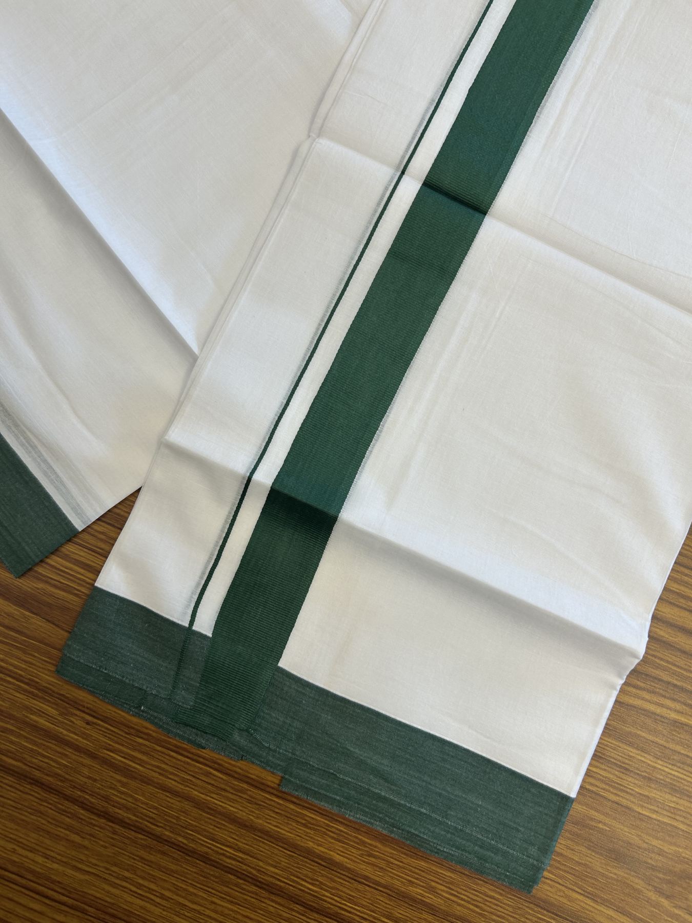 20% Discount ! KaithariKada Balaramapuram 100% Cotton Double Pure white Mundu/Dhoti- 100x80 - 1.5 inch Green Kara - 3.80mtr ( 8 muzham) - 32 KK5312 PMC