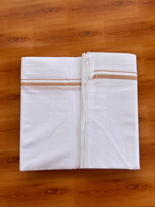 Pure White Double Mundu/Dhoti - 20% Discount! KaithariKada Pulimood - 100% Cotton - 100x100 - 0.5 inch Cream Brown Thin Kara 4 mtr (8.5 muzham) - 10 KK5530 ASH