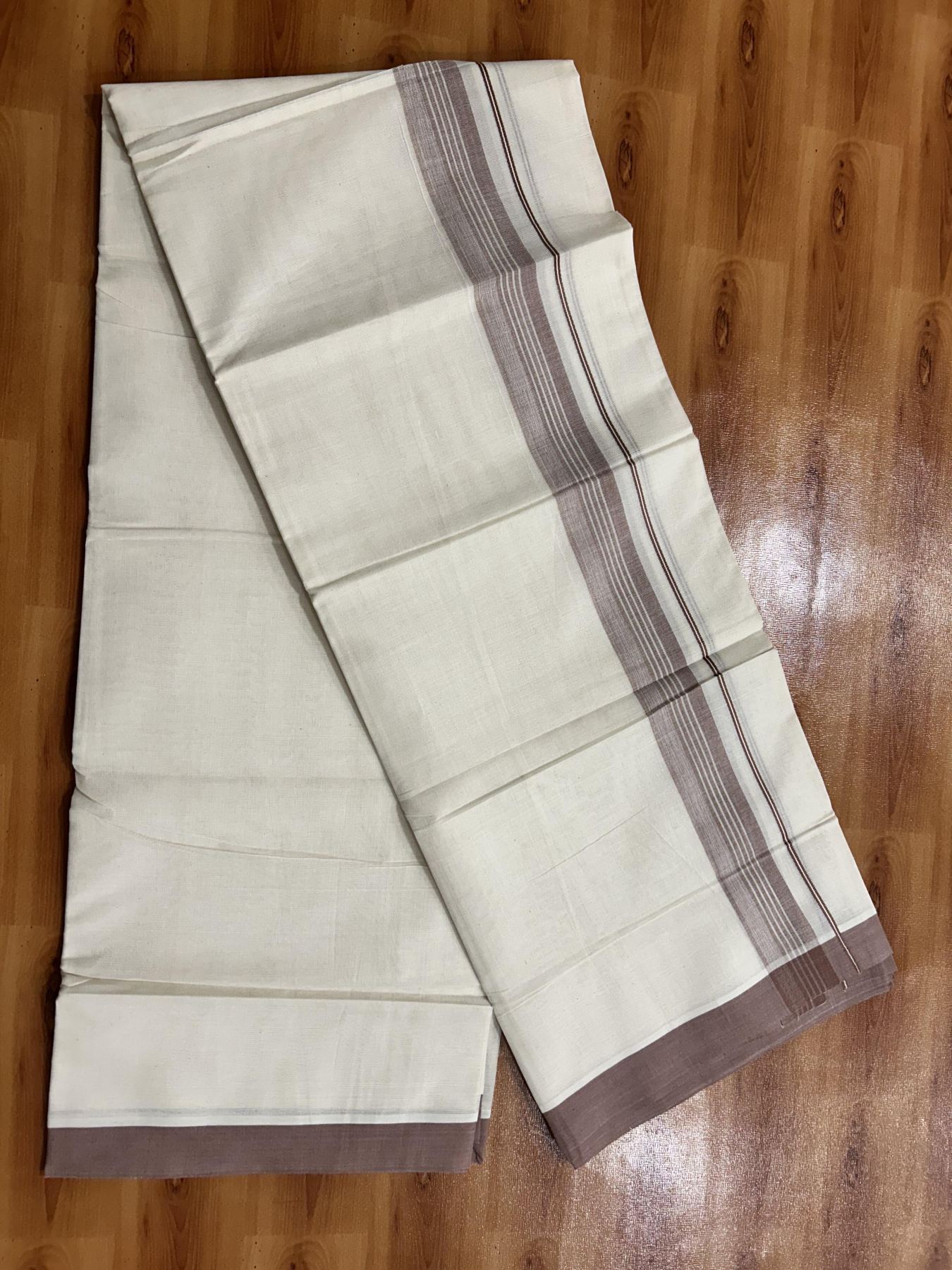 Double Off White (Unbleached) Mundu/Dhoti - 20% Discount! KaithariKada Pure Cotton - 60s - 1.5 inch Peach Brown Shaded Striped Kara 4 mtr (8.5 Muzham) - 80 KK5460 PMC