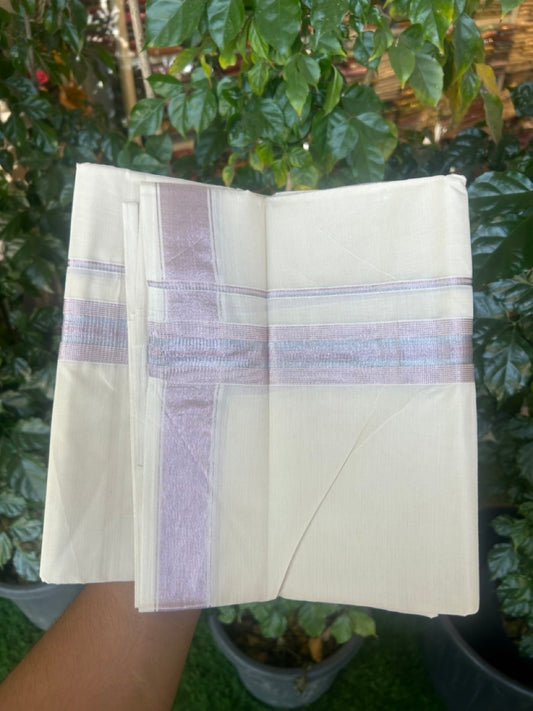 20% Discount ! Kaitharikada Balaramapuram 100% Cotton Off White Double Mundu/Dothi  - 100x80- 1.5 Inch Silver Kasav & Rose Pink Kasav Striped Kara - 4mtr (8.5muzham)- 3 KK5279 CKS