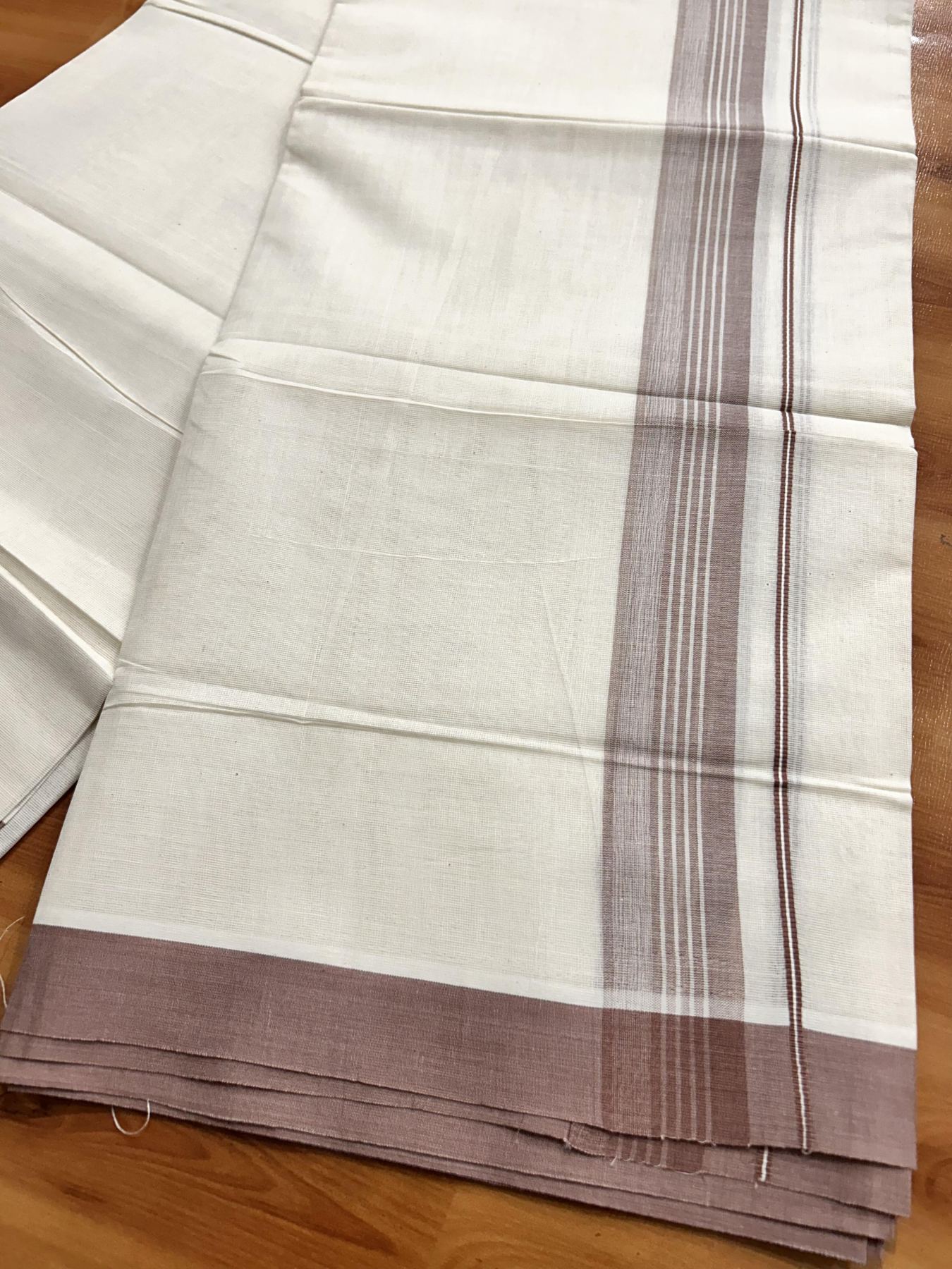 Double Off White (Unbleached) Mundu/Dhoti - 20% Discount! KaithariKada Pure Cotton - 60s - 1.5 inch Peach Brown Shaded Striped Kara 4 mtr (8.5 Muzham) - 80 KK5460 PMC