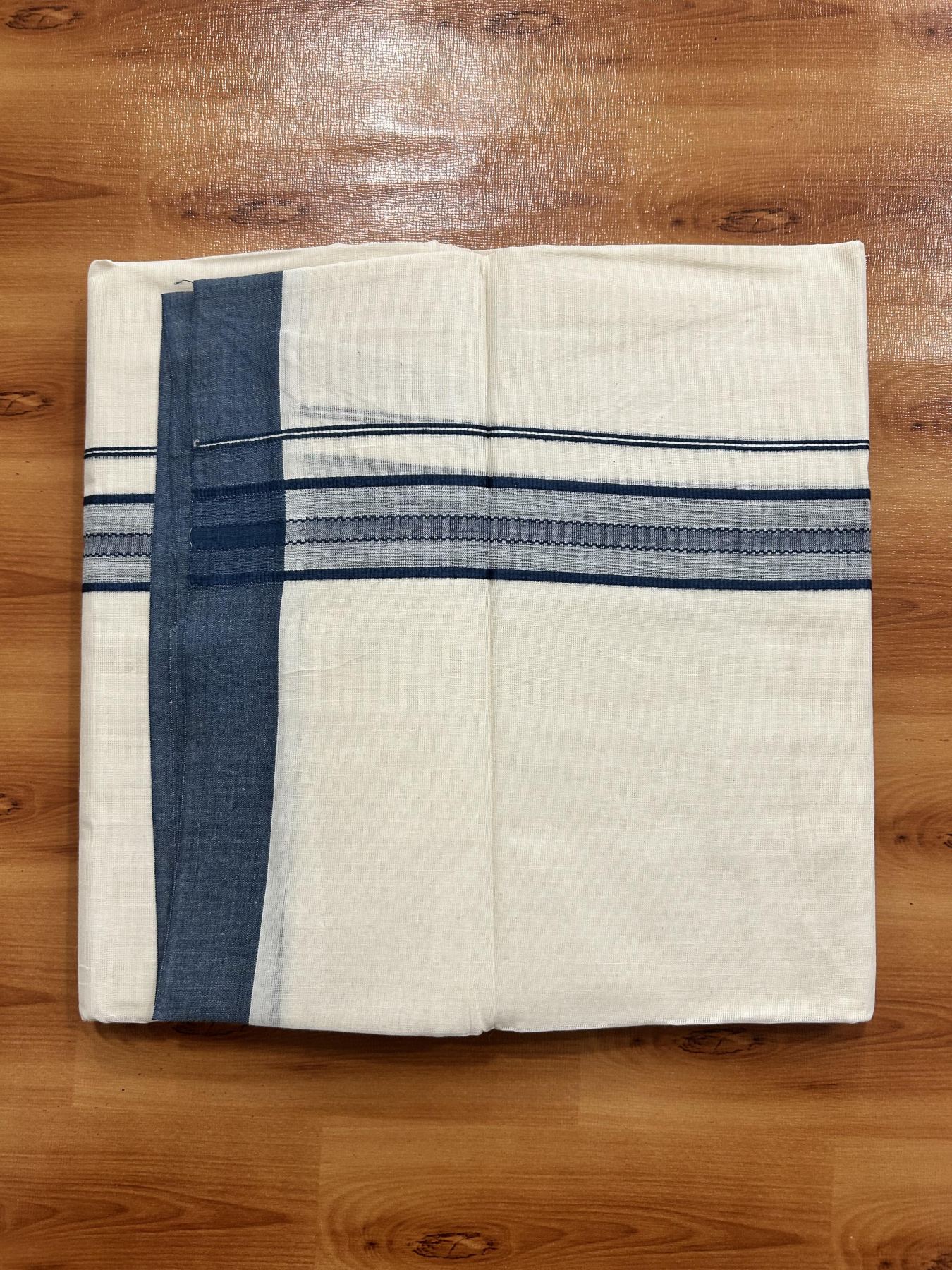 Double Off White (Unbleached) Mundu/Dhoti - 20% Discount! KaithariKada Pure Cotton - 60s - 1.25 inch Peacock Blue Shaded Striped Kara 4 mtr (8.5 Muzham) - 88 KK5460 PMC