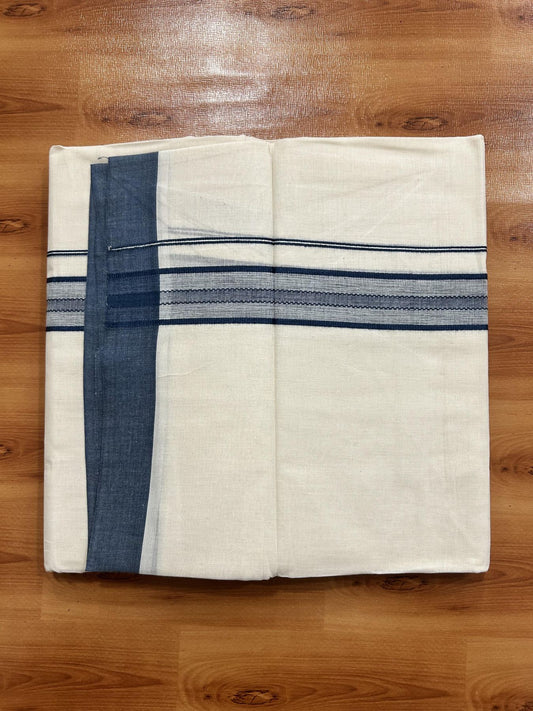Double Off White (Unbleached) Mundu/Dhoti - 20% Discount! KaithariKada Pure Cotton - 60s - 1.25 inch Peacock Blue Shaded Striped Kara 4 mtr (8.5 Muzham) - 88 KK5460 PMC