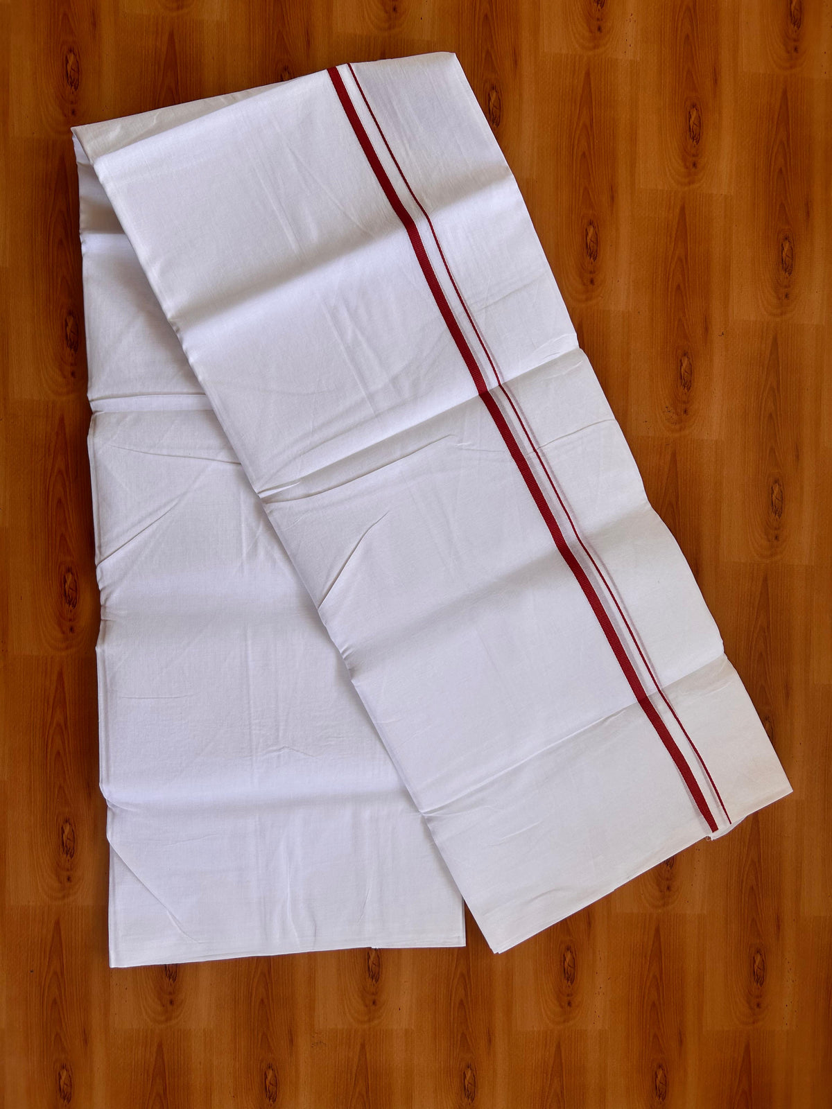 Pure White Double Mundu/Dhoti - 20% Discount! KaithariKada Pulimood - 100% Cotton - 100x100 - 0.25 inch Brick Red Thin Kara 4 mtr (8.5 muzham) - 11 KK5530 ASH