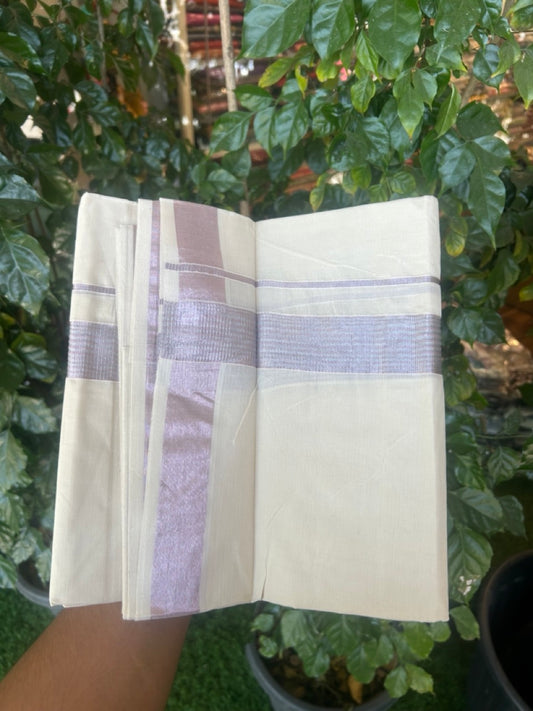 20% Discount ! Kaitharikada Balaramapuram 100% Cotton Off White Double Mundu/Dothi  - 100x80- 1.5 Inch Silver Kasav & Rose Pink Kasav Striped Kara - 4mtr (8.5muzham)- 4 KK5279 CKS