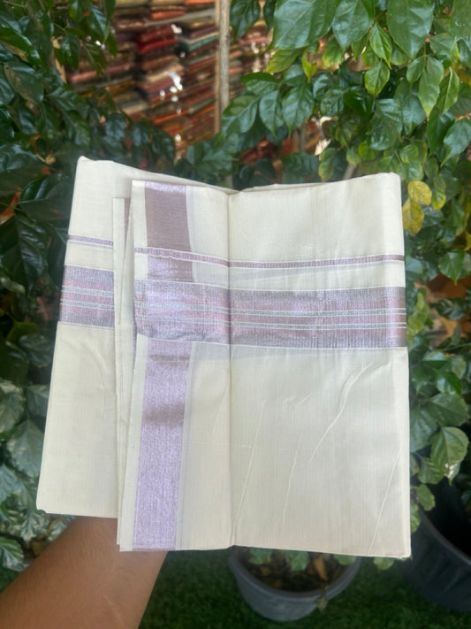 20% Discount ! Kaitharikada Balaramapuram 100% Cotton Off White Double Mundu/Dothi  - 100x80- 1.5 Inch Silver Kasav & Rose Pink Kasav Striped Kara - 4mtr (8.5muzham)- 5 KK5279 CKS