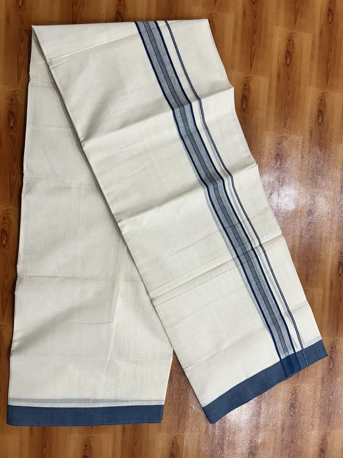 Double Off White (Unbleached) Mundu/Dhoti - 20% Discount! KaithariKada Pure Cotton - 60s - 1.25 inch Peacock Blue Shaded Striped Kara 4 mtr (8.5 Muzham) - 88 KK5460 PMC