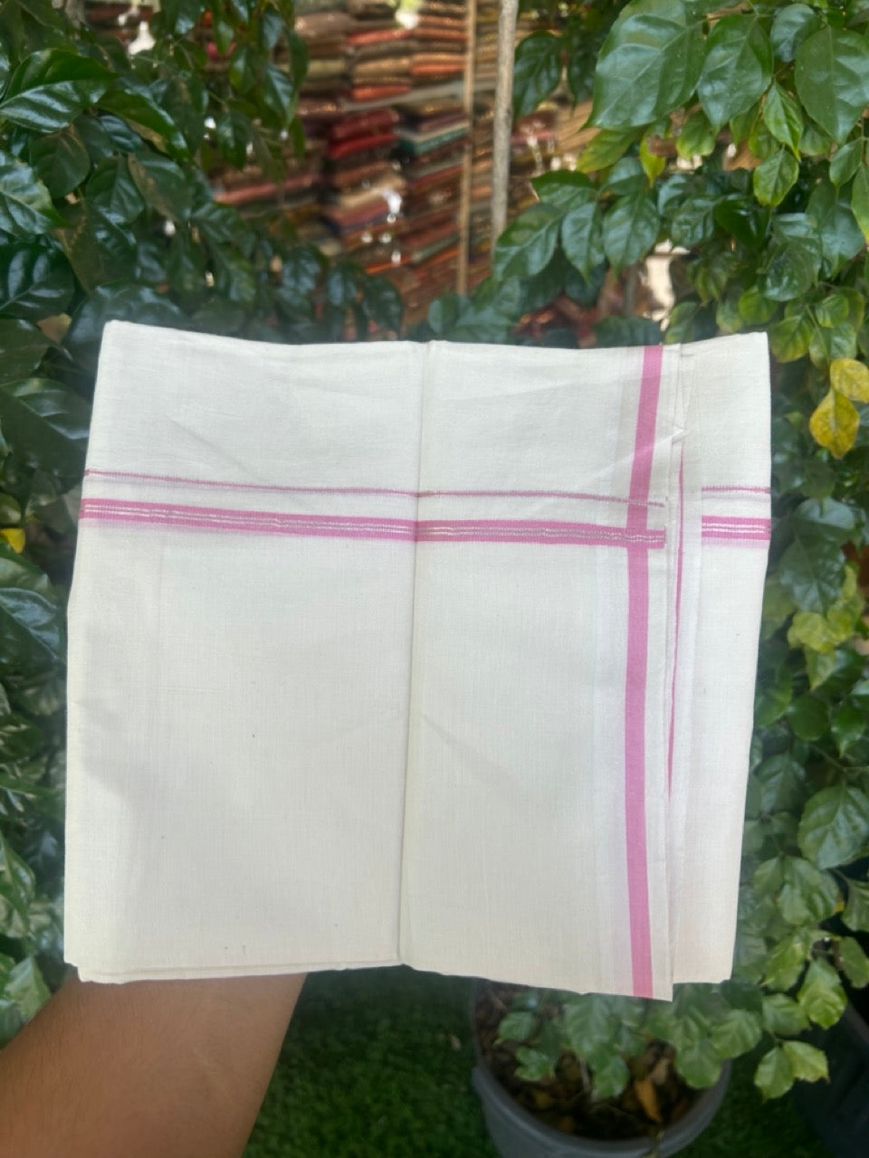 20% Discount ! Kaitharikada Balaramapuram 100% Cotton Off White Double Mundu/Dothi  - 100x80- 0.25 Inch Pink & Silver Kasav Striped Kara - 4mtr (8.5muzham)- 8 KK5279 CKS