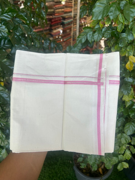 20% Discount ! Kaitharikada Balaramapuram 100% Cotton Off White Double Mundu/Dothi  - 100x80- 0.25 Inch Pink & Silver Kasav Striped Kara - 4mtr (8.5muzham)- 8 KK5279 CKS