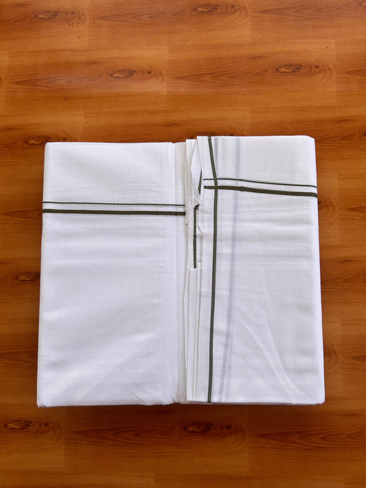 Pure White Double Mundu/Dhoti - 20% Discount! KaithariKada Pulimood - 100% Cotton - 100x100 - 0.3 inch Sage Green Thin Kara 4 mtr (8.5 muzham) - 12 KK5530 ASH