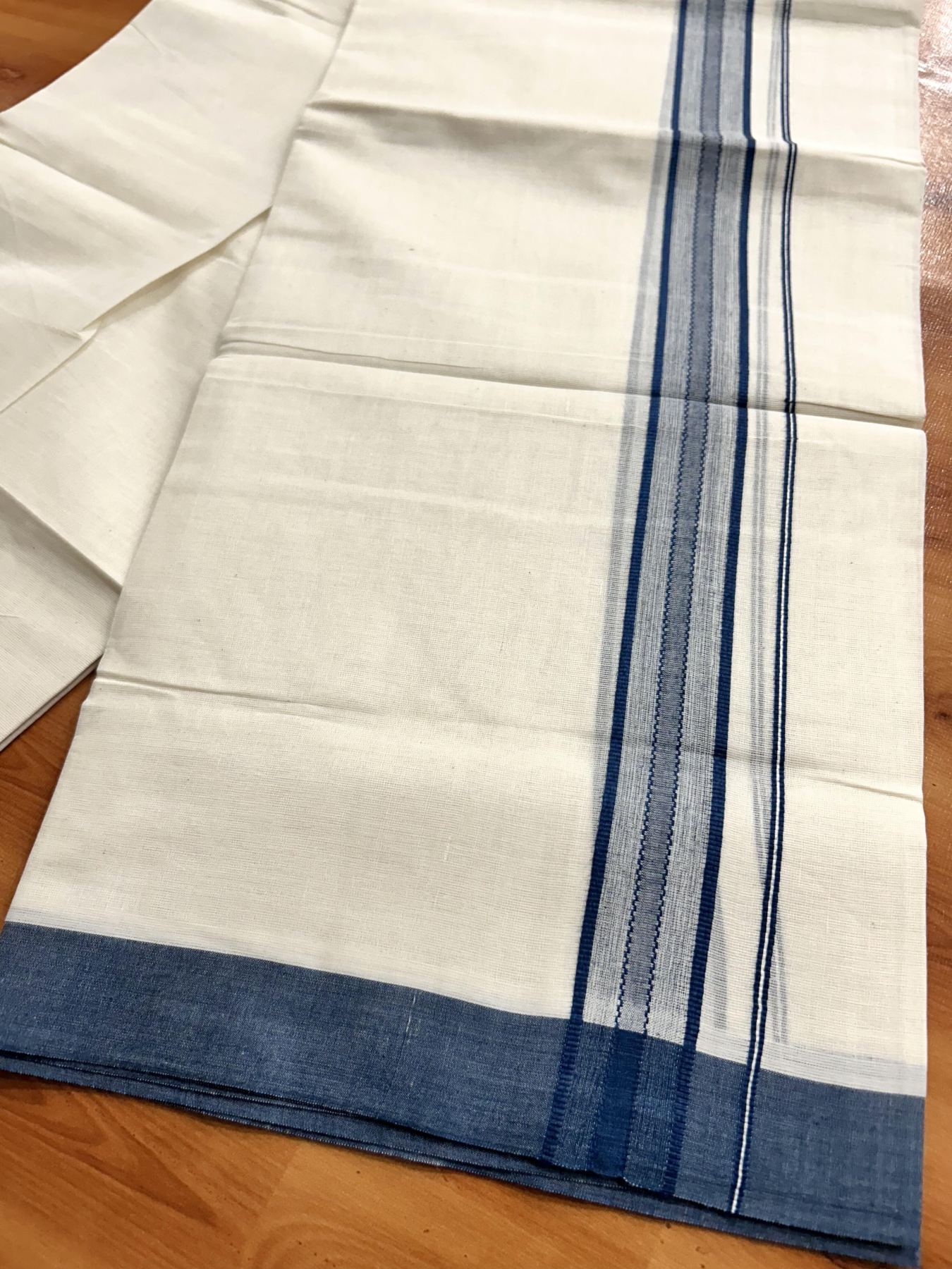 Double Off White (Unbleached) Mundu/Dhoti - 20% Discount! KaithariKada Pure Cotton - 60s - 1.25 inch Peacock Blue Shaded Striped Kara 4 mtr (8.5 Muzham) - 88 KK5460 PMC