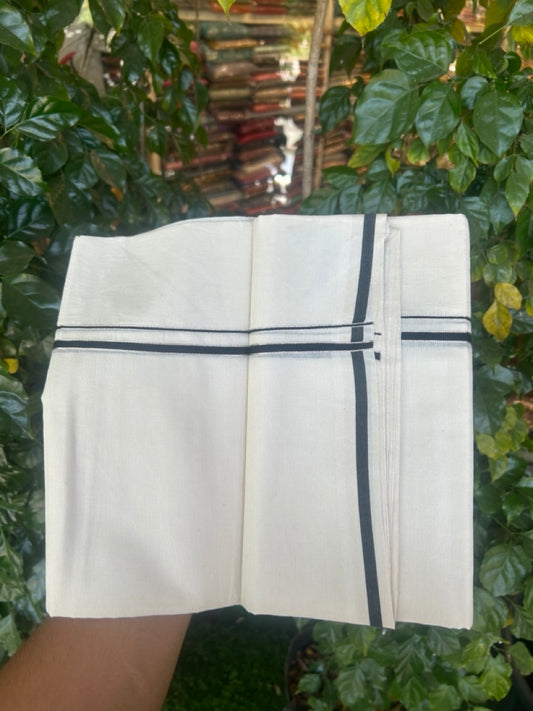 20% Discount ! Kaitharikada Balaramapuram 100% Cotton Off White Double Mundu/Dothi  - 100x80- 0.25 Inch Silver Kasav & Black Kara - 4mtr (8.5muzham)- 12 KK5279 CKS