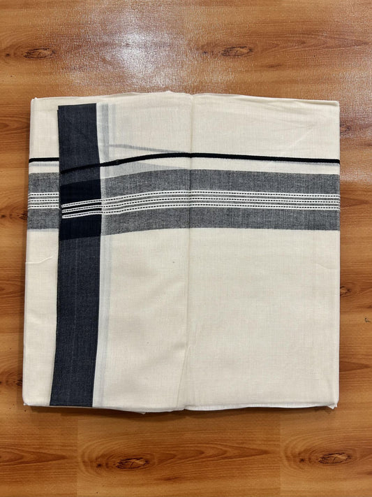 Double Off White (Unbleached) Mundu/Dhoti - 20% Discount! KaithariKada Pure Cotton - 100x80- 1.5 inch Black Shaded Striped Kara 4 mtr (8.5 Muzham) - 84 KK5460 PMC