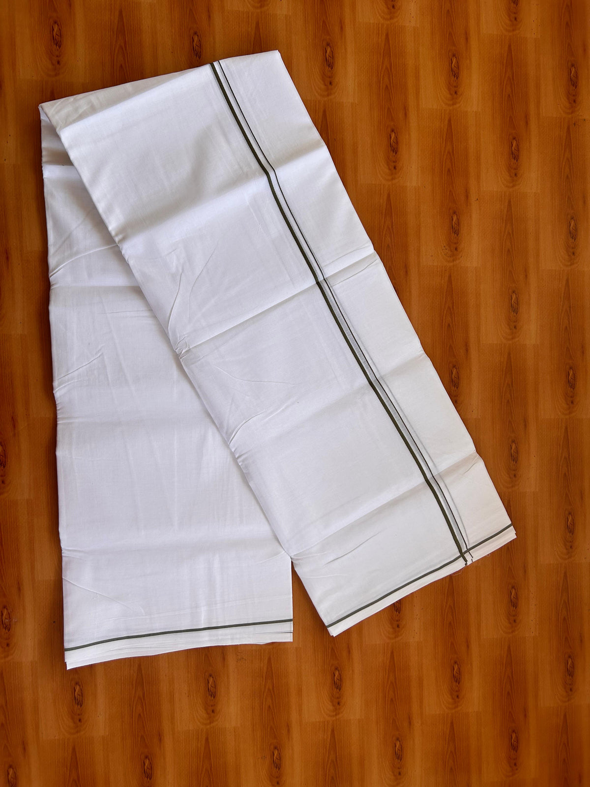 Pure White Double Mundu/Dhoti - 20% Discount! KaithariKada Pulimood - 100% Cotton - 100x100 - 0.3 inch Sage Green Thin Kara 4 mtr (8.5 muzham) - 12 KK5530 ASH