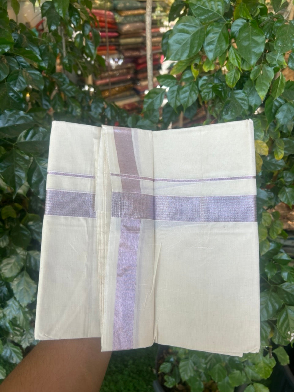 20% Discount ! Kaitharikada Balaramapuram 100% Cotton Off White Double Mundu/Dothi  - 100x80- 1.25 Inch Silver Kasav & Rose Pink Kasav Striped Kara - 4mtr (8.5muzham)- 2 KK5279 CKS