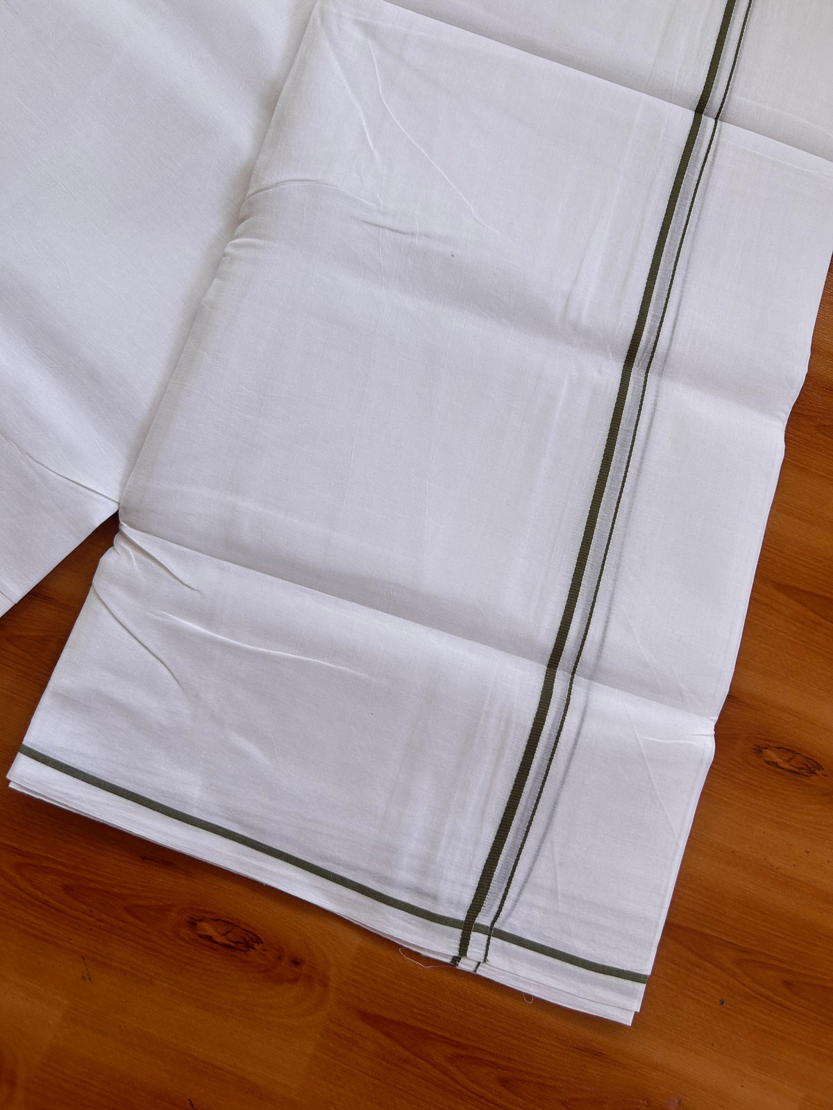 Pure White Double Mundu/Dhoti - 20% Discount! KaithariKada Pulimood - 100% Cotton - 100x100 - 0.3 inch Sage Green Thin Kara 4 mtr (8.5 muzham) - 12 KK5530 ASH