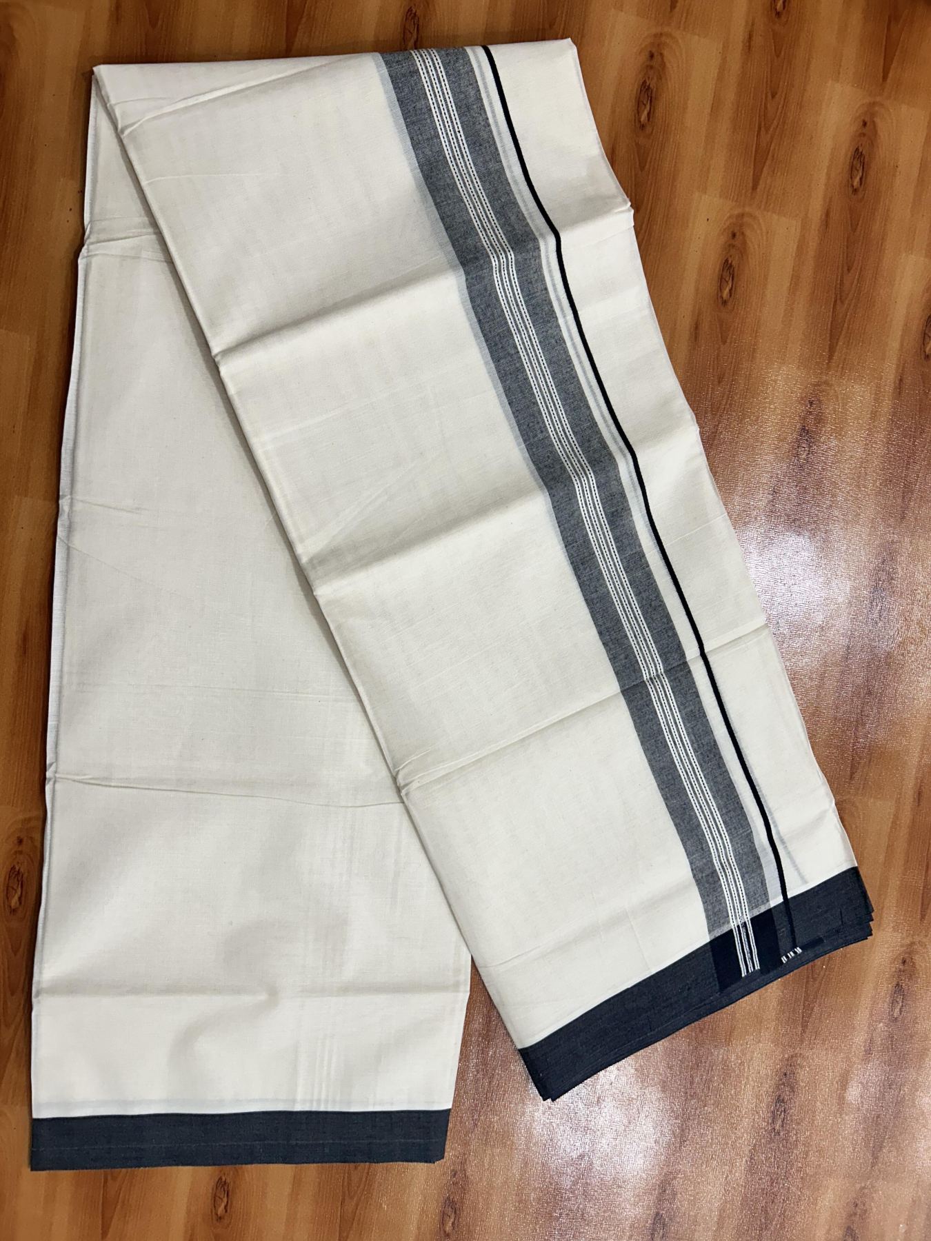 Double Off White (Unbleached) Mundu/Dhoti - 20% Discount! KaithariKada Pure Cotton - 100x80- 1.5 inch Black Shaded Striped Kara 4 mtr (8.5 Muzham) - 84 KK5460 PMC