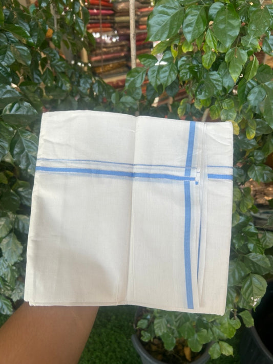 20% Discount ! Kaitharikada Balaramapuram 100% Cotton Off White Double Mundu/Dothi  - 100x80- 0.25 Inch Silver Kasav & Blue Kara - 4mtr (8.5muzham)- 11 KK5279 CKS