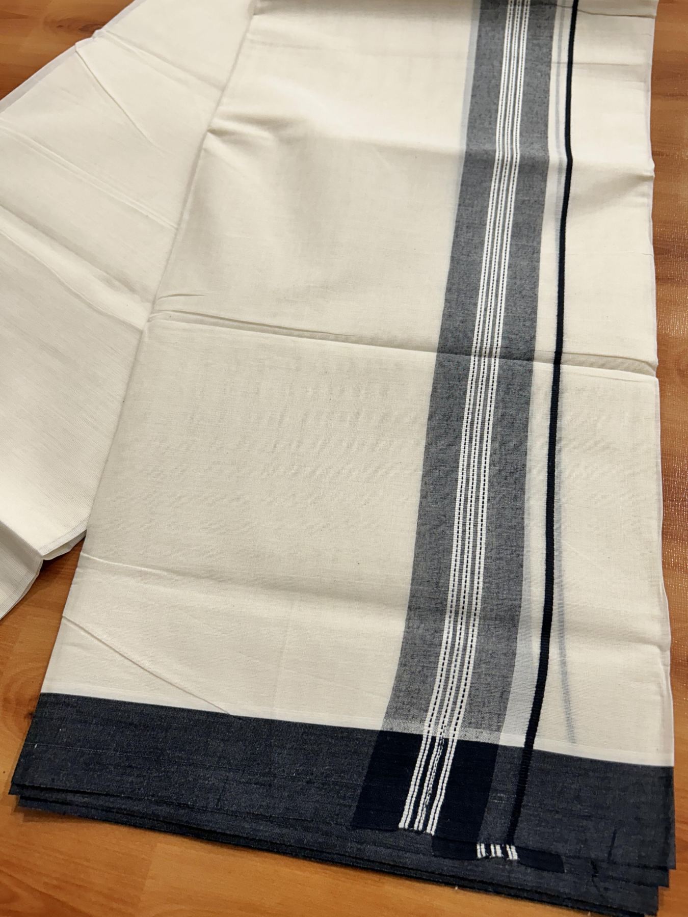 Double Off White (Unbleached) Mundu/Dhoti - 20% Discount! KaithariKada Pure Cotton - 100x80- 1.5 inch Black Shaded Striped Kara 4 mtr (8.5 Muzham) - 84 KK5460 PMC