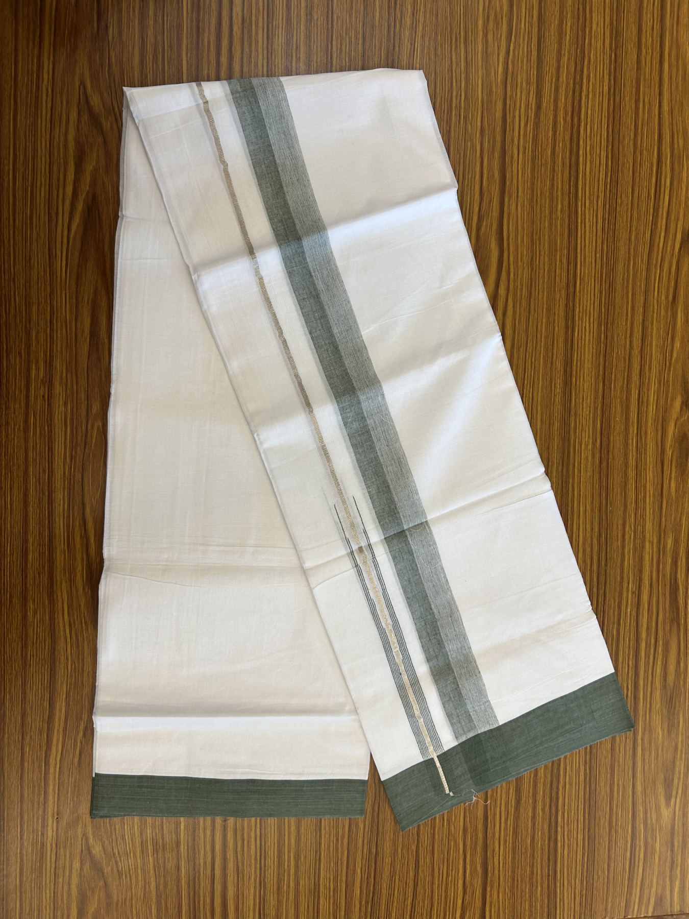 20% Discount ! Kaitharikada Balaramapuram 100% Pure Cotton Double Pure White Mundu/Dhoti - 100x80 - 1.5 inch Silver Kasav & Military Green Shaded Stripes Chutty 3.90 mtr (8 muzham) - 49 KK5312 PMC