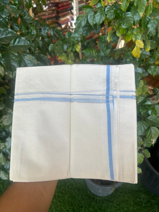 20% Discount ! Kaitharikada Balaramapuram 100% Cotton Off White Double Mundu/Dothi  - 100x80- 0.25 Inch Silver Kasav & Blue Shaded Kara - 4mtr (8.5muzham)- 10 KK5279 CKS