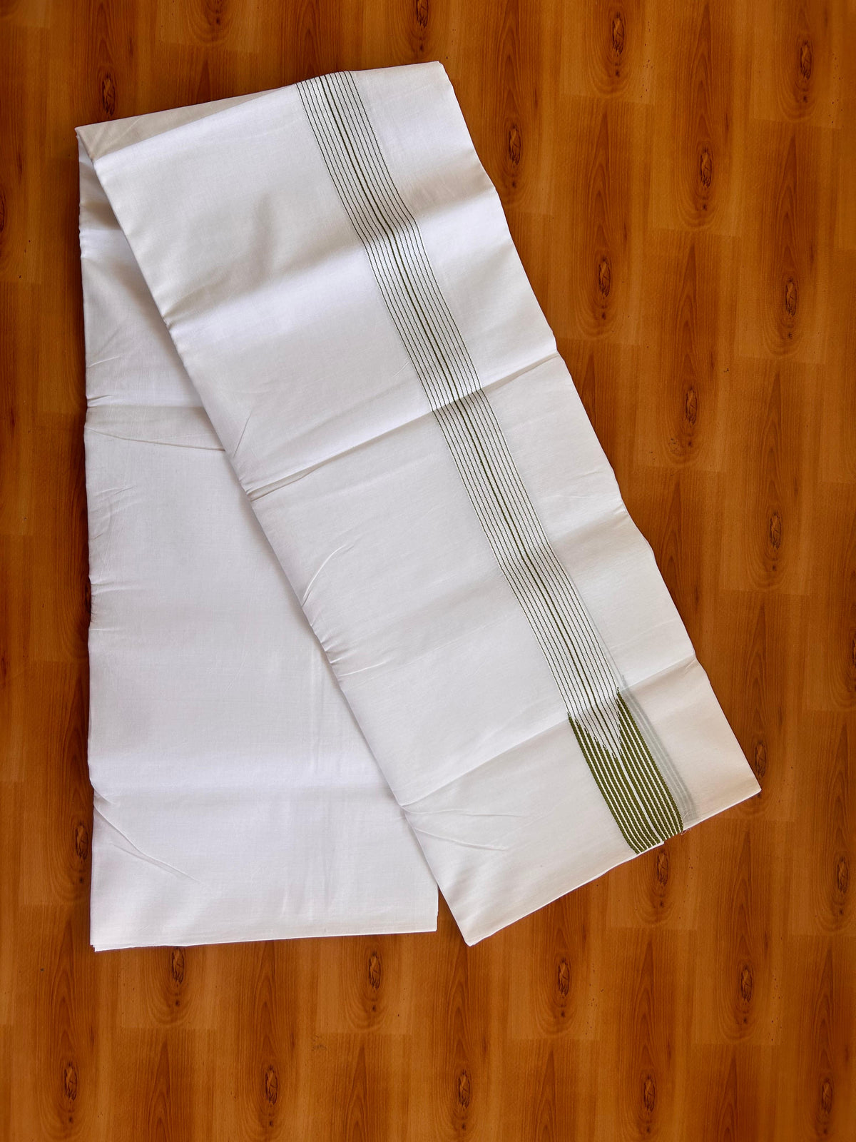 Pure White Double Mundu/Dhoti - 20% Discount! KaithariKada Pulimood - 100% Cotton - 100x100 - 1.5 inch Puliyilakkara Light Olive Green Chutty Kara 4 mtr (8.5 muzham) - 13 KK5530 ASH