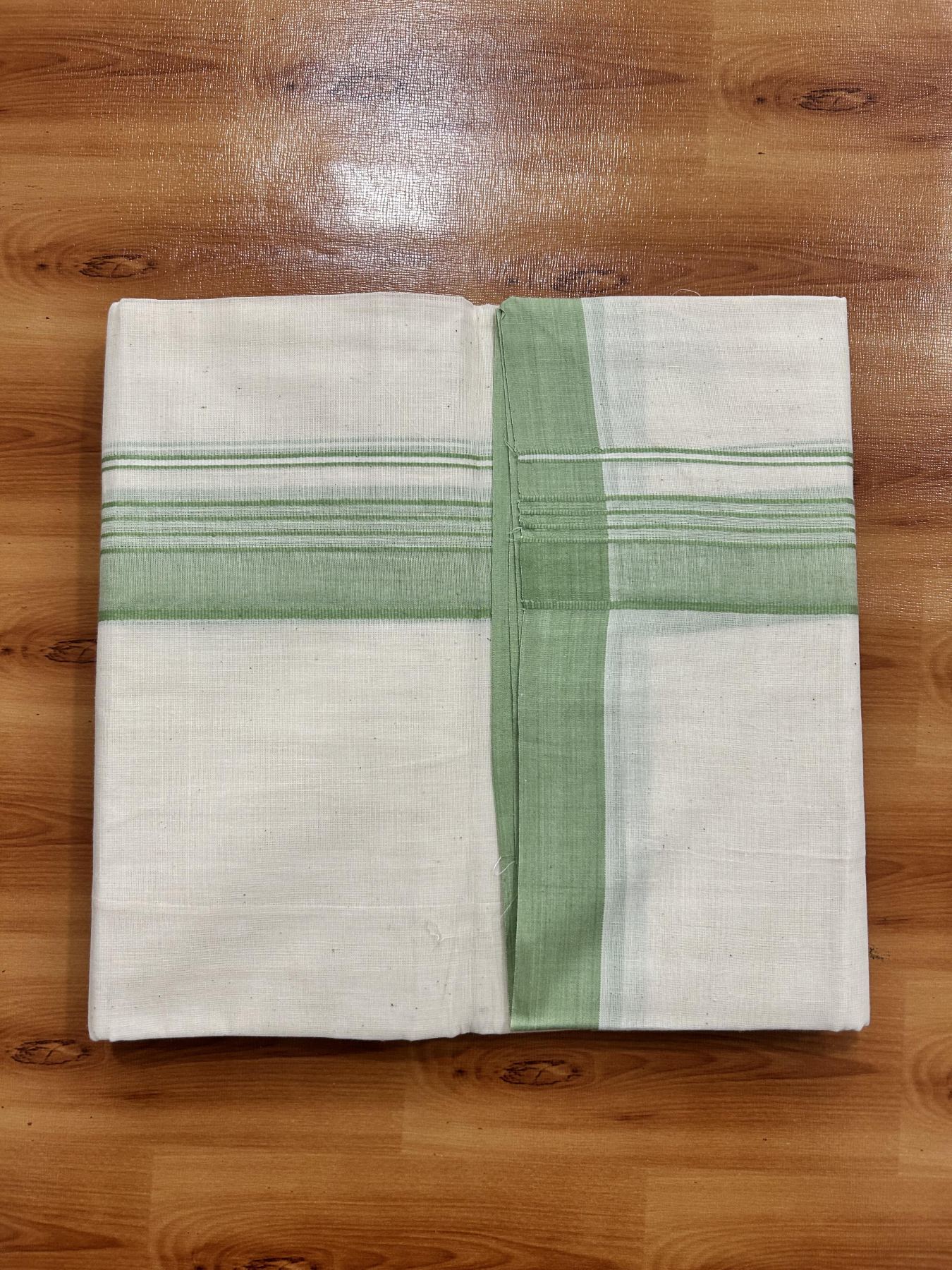 Double Off White (Unbleached) Mundu/Dhoti - 20% Discount! KaithariKada Pure Cotton - 60s - 1.5 inch Pista Green Shaded Striped Kara 4 mtr (8.5 Muzham) - 77 KK5460 PMC