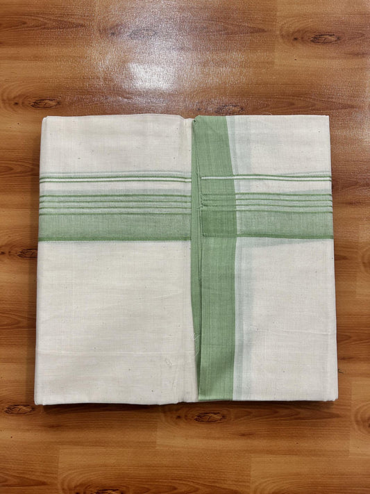 Double Off White (Unbleached) Mundu/Dhoti - 20% Discount! KaithariKada Pure Cotton - 60s - 1.5 inch Pista Green Shaded Striped Kara 4 mtr (8.5 Muzham) - 77 KK5460 PMC
