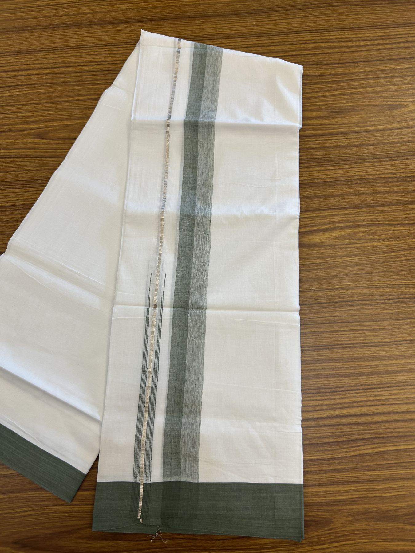 20% Discount ! Kaitharikada Balaramapuram 100% Pure Cotton Double Pure White Mundu/Dhoti - 100x80 - 1.5 inch Silver Kasav & Military Green Shaded Stripes Chutty 3.90 mtr (8 muzham) - 49 KK5312 PMC