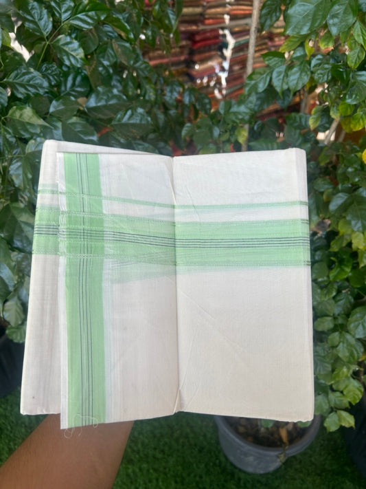 20% Discount ! Kaitharikada Balaramapuram 100% Cotton Off White Double Mundu/Dothi  - 100x80- 1.5 Inch Silver Kasav Light Green & Black Striped Kara - 4mtr (8.5muzham)- 13 KK5279 CKS