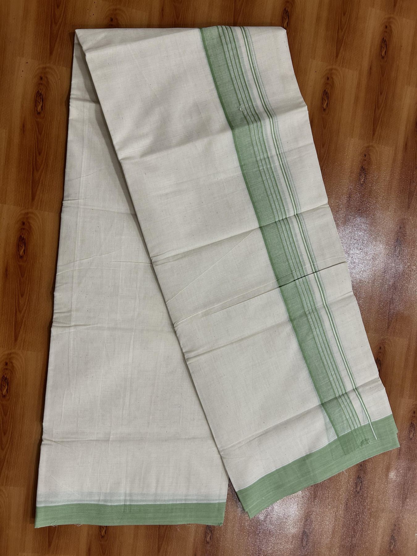Double Off White (Unbleached) Mundu/Dhoti - 20% Discount! KaithariKada Pure Cotton - 60s - 1.5 inch Pista Green Shaded Striped Kara 4 mtr (8.5 Muzham) - 77 KK5460 PMC
