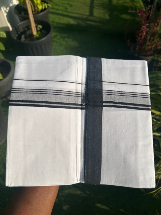 8% DISCOUNT ! KaithariKada Balaramapuram 100% Cotton Pure white Single Mundu/Dhoti - (40S) - 2 inch Black Striped  Kara (2 meter / 4 muzham) - 17KK5115THI.