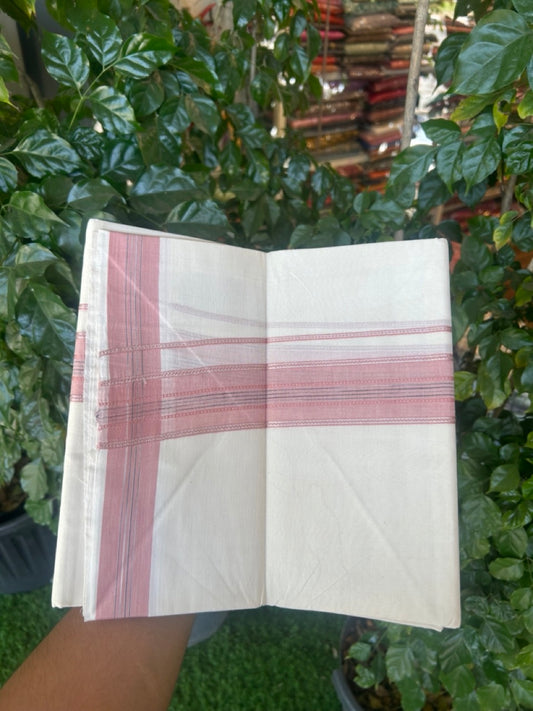20% Discount ! Kaitharikada Balaramapuram 100% Cotton Off White Double Mundu/Dothi  - 100x80- 1.75 Inch Silver Kasav Peach Pink & Black Striped Kara - 4mtr (8.5muzham)- 17 KK5279 CKS