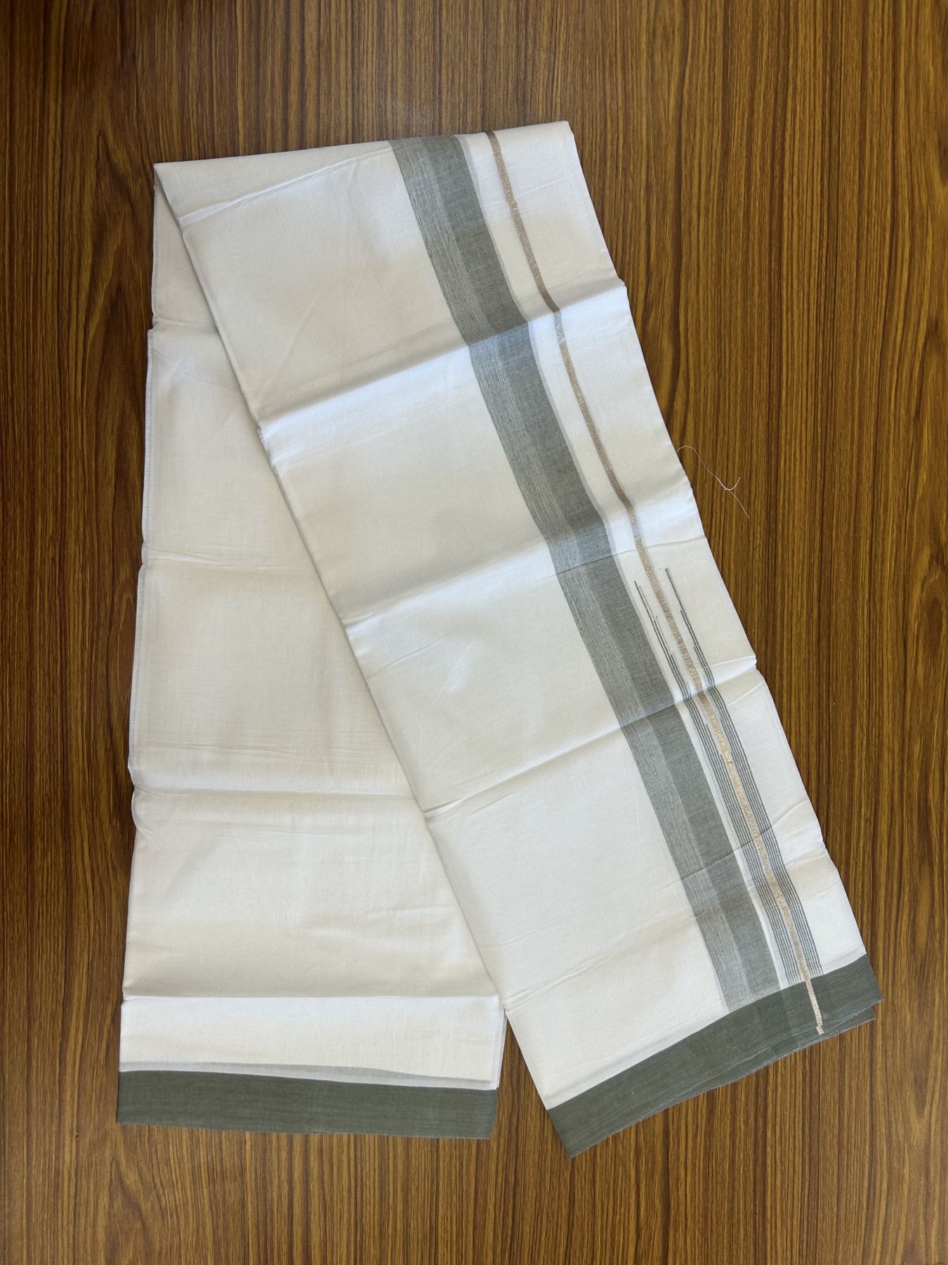 20% Discount ! Kaitharikada Balaramapuram 100% Pure Cotton Double Pure White Mundu/Dhoti - 100x80 - 1.5 inch Silver Kasav & Light Olive Green Shaded Stripes Chutty 3.90 mtr (8 muzham) - 46 KK5312 PMC