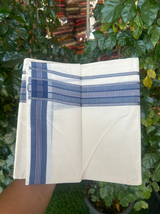 20% Discount ! Kaitharikada Balaramapuram 100% Cotton Off White Double Mundu/Dothi  - 100x80- 1.75 Inch Silver Kasav Dark Blue & Peach Striped Kara - 4mtr (8.5muzham)- 20 KK5279 CKS