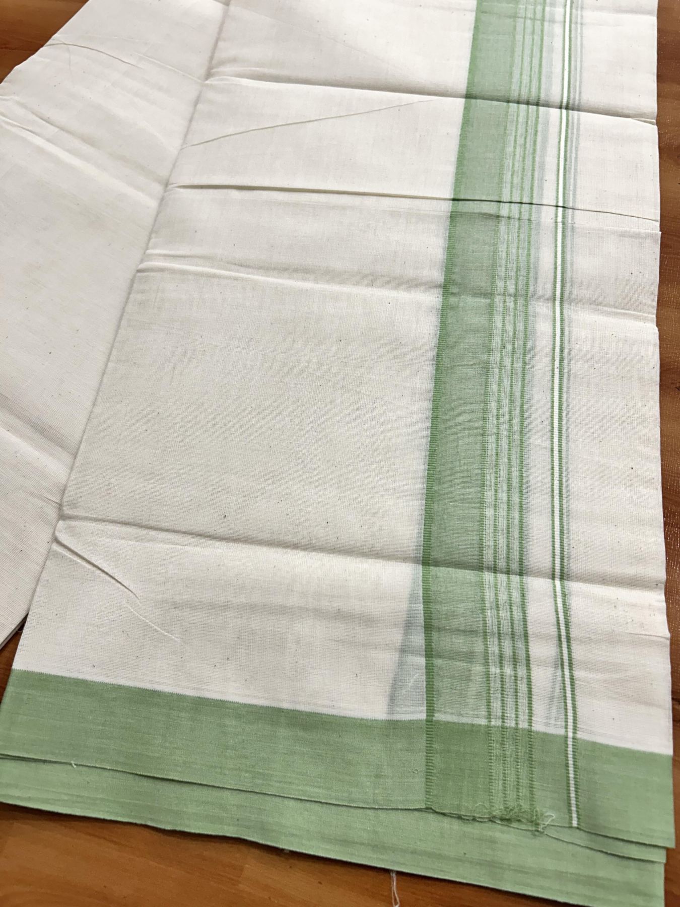 Double Off White (Unbleached) Mundu/Dhoti - 20% Discount! KaithariKada Pure Cotton - 60s - 1.5 inch Pista Green Shaded Striped Kara 4 mtr (8.5 Muzham) - 77 KK5460 PMC