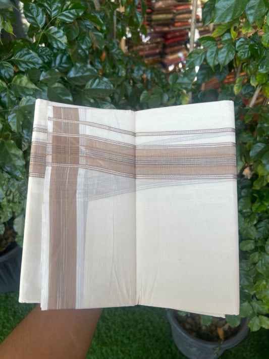 20% Discount ! Kaitharikada Balaramapuram 100% Cotton Off White Double Mundu/Dothi  - 100x80- 1.75 Inch Silver Kasav Sand Brown & Black Striped Kara - 4mtr (8.5muzham)- 19 KK5279 CKS