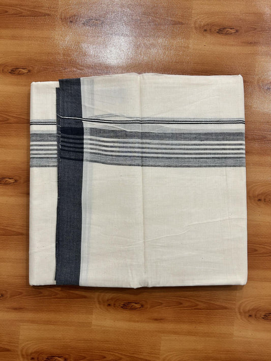 Double Off White (Unbleached) Mundu/Dhoti - 20% Discount! KaithariKada Pure Cotton - 60s - 1.5 inch Ash Black Shaded Striped Kara 4 mtr (8.5 Muzham) - 83 KK5460 PMC