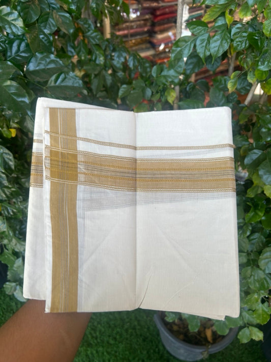 20% Discount ! Kaitharikada Balaramapuram 100% Cotton Off White Double Mundu/Dothi  - 100x80- 1.75 Inch Silver Kasav Mustard Yellow & Black Striped Kara - 4mtr (8.5muzham)- 14 KK5279 CKS
