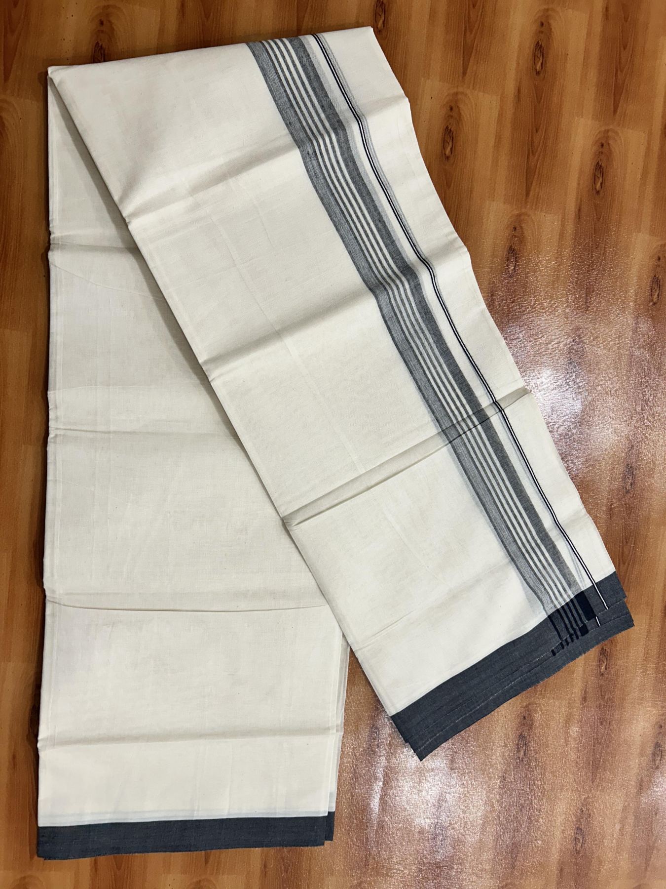 Double Off White (Unbleached) Mundu/Dhoti - 20% Discount! KaithariKada Pure Cotton - 60s - 1.5 inch Ash Black Shaded Striped Kara 4 mtr (8.5 Muzham) - 83 KK5460 PMC