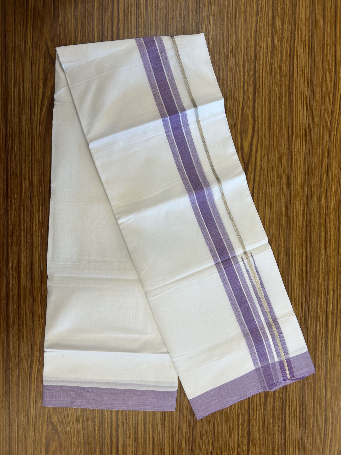 20% Discount ! Kaitharikada Balaramapuram 100% Pure Cotton Double Pure White Mundu/Dhoti - 100x80 - 1.5 inch Silver Kasav & Purple Shaded Stripes Chutty 3.90 mtr (8 muzham) - 54 KK5312 PMC